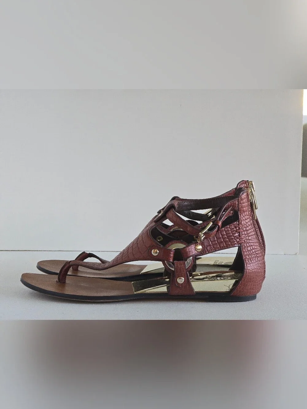 Vince Camuto | Averie Warm Brown Croc-Embossed Sandals with Gold Accents
